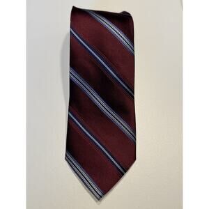 Club Room Men’s Tie 100% Silk 60” Burgundy With Diagonal Blue And White Stripes